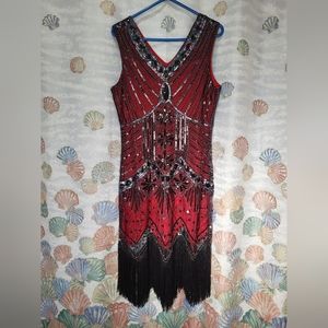 blue dress for baby girl Zapaka Women V Neck Red and Black Sequined Glitter Flapper 1920s Dress with Fringe, XL main image 1
